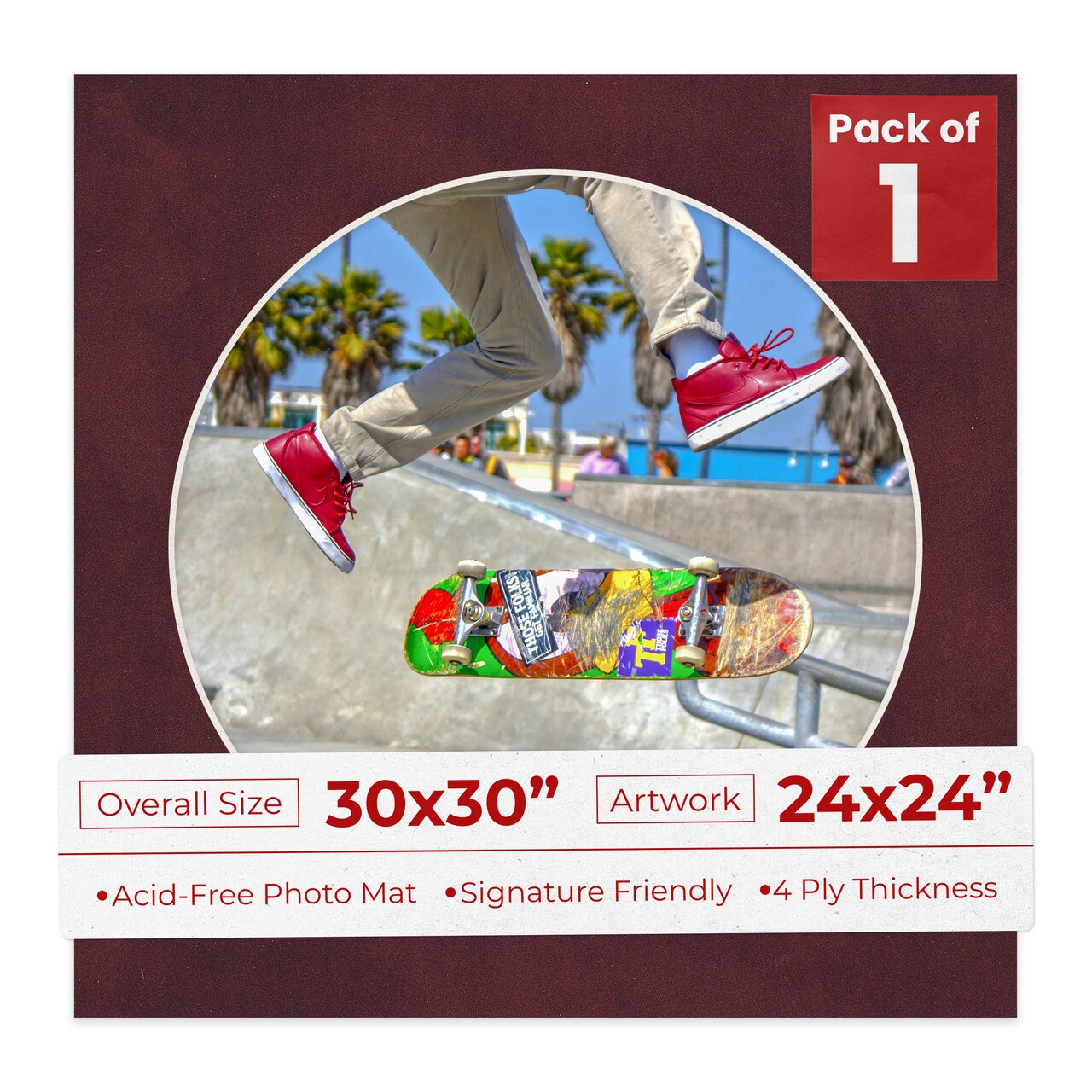 Dark Red Suede Mat Board for 30x30 Frames - Circle Opening for 24x24 Photos
